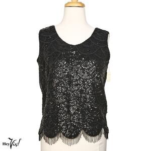 Vintage Black Sequin Bead Shell Top Scalloped Fringe Metal Zip B38 W36 - Hey Viv